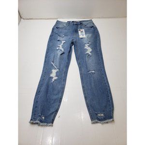 Tinseltown Womens Size 11/30 Mom Jeans High Rise Distressed Raw Hem Holes NWT